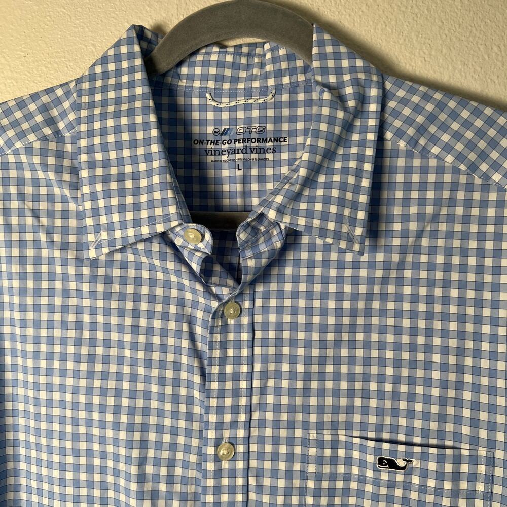 Vineyard Vines On-The-Go Performance Large L/S Button Down - Blue + White Check